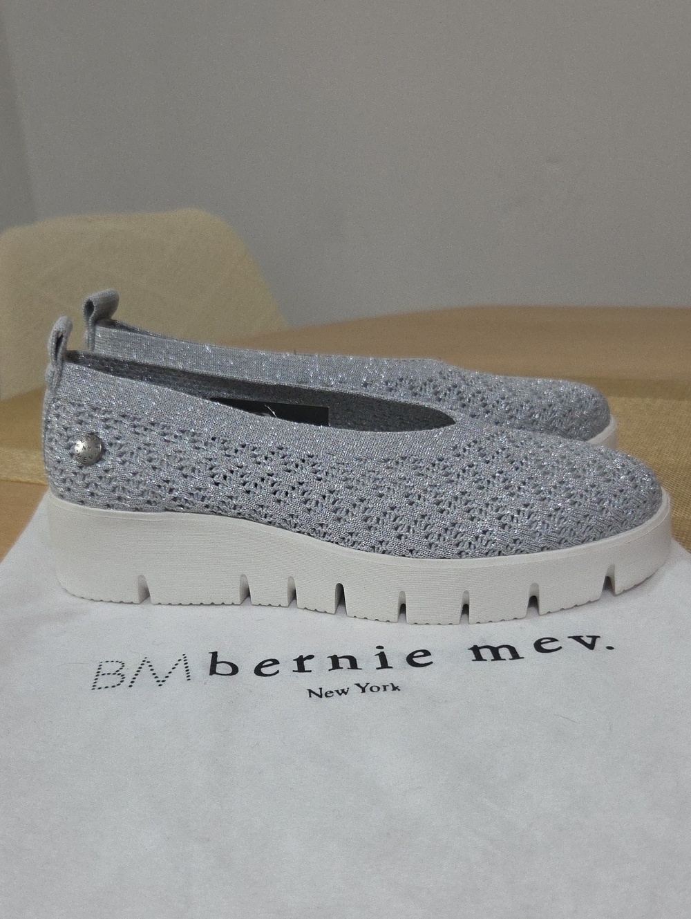bernie mev. Silver Sparkle Knit Slip-On Platform Loafers